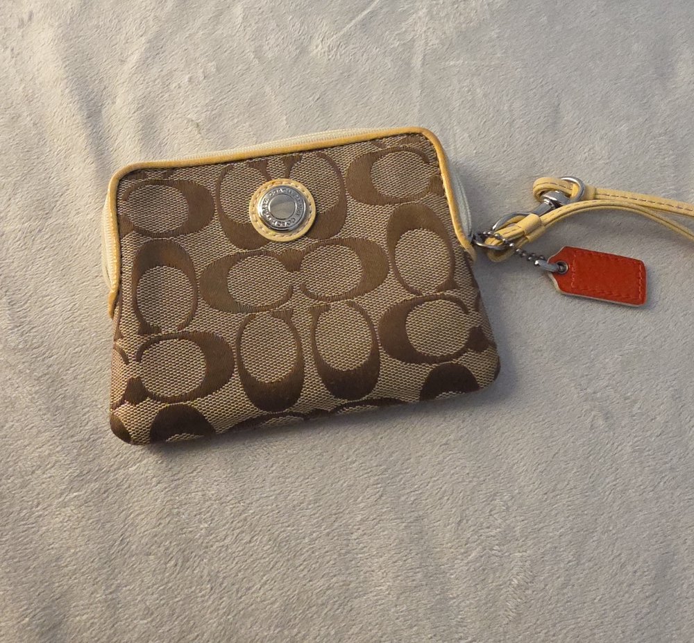Coach Brown Signature Canvas Wristlet with Tan Trim